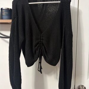 SHEIN Black V-Neck Drawstring Knit Sweater